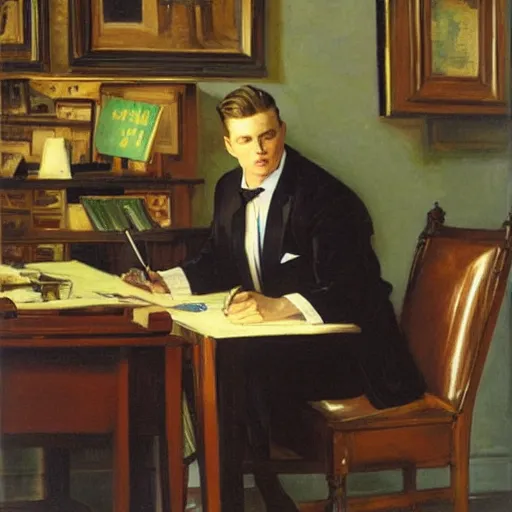 Image similar to man in desk with coffee and black suit by leyendecker and dean cornwell, 5 feet distance from the camera, house of mirrors