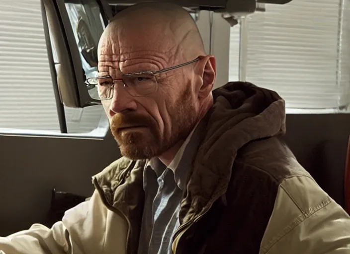 Prompt: Among Us Imposter talking with Walter White, movie screenshot, detailed, realistic, clean composition