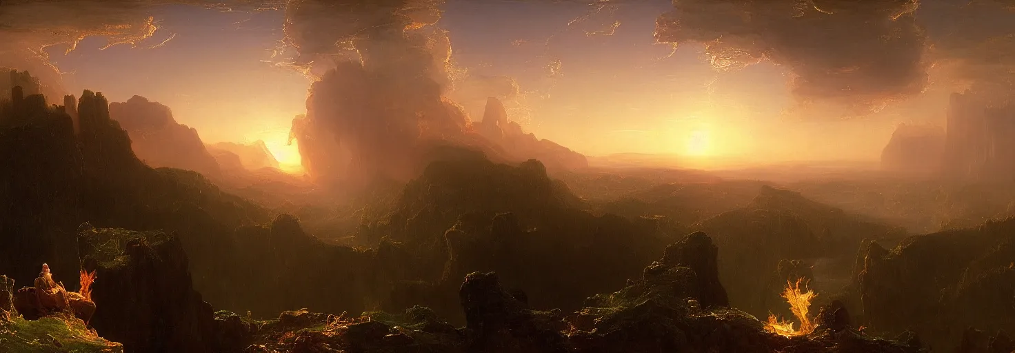 Image similar to a surreal and awe-inspiring thomas cole and albert Bierstadt digital art panoramic landscape painting at sunset of Icarus in a firey tailspin while Daedalus looks on in disbelief, unreal engine, 4k, matte