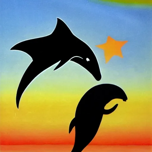 Image similar to the grim reaper riding a dolphin that is jumping over a rainbow, by tex avery,