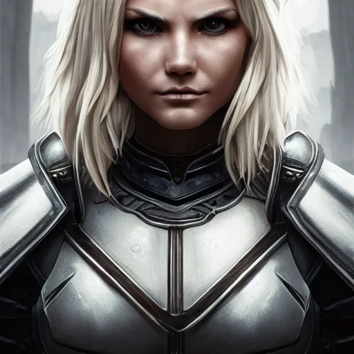 Prompt: front centered symmetrical RPG avatar portrait, Elisha Cuthbert as a paladin, blonde hair, grey armour, dramatic lighting, cinematic, establishing shot, high detail, photo realistic, cinematic lighting, post processed, 8k, concept art, artstation, matte painting, in the style of eddie mendoza, raphael lacoste, alex ross