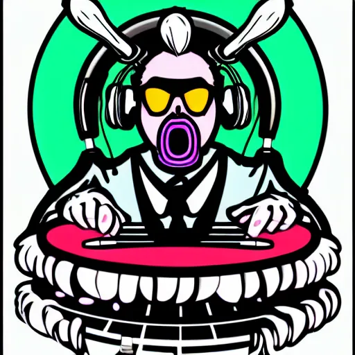 Image similar to svg vector sticker of absolutely insane-mad-scientist-villain, rocking out, wearing headphones, huge speakers, dancing, rave, DJ, spinning records, digital art, amazing composition, rule-of-thirds, award-winning, trending on artstation, featured on deviantart