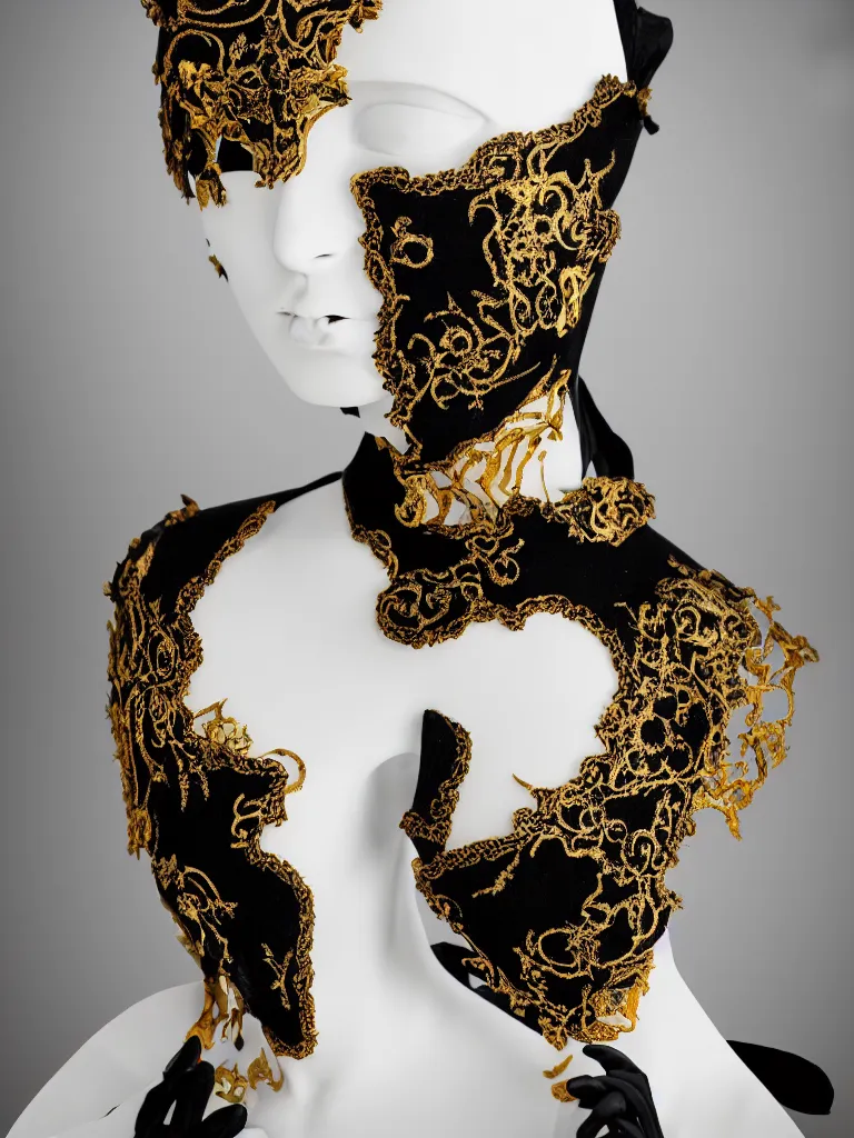 Image similar to a beautifully sculpted mannequin made of onyx with gold lace masquerade face mask, ornamented, opulent, kintsugi, confident, serene desert setting, innovative avant - garde art, photorealistic portrait, crisp quality and light reflections, clean linework, finely detailed, 4 k, rule of thirds, trending on artstation, volumetric lighting, octane render