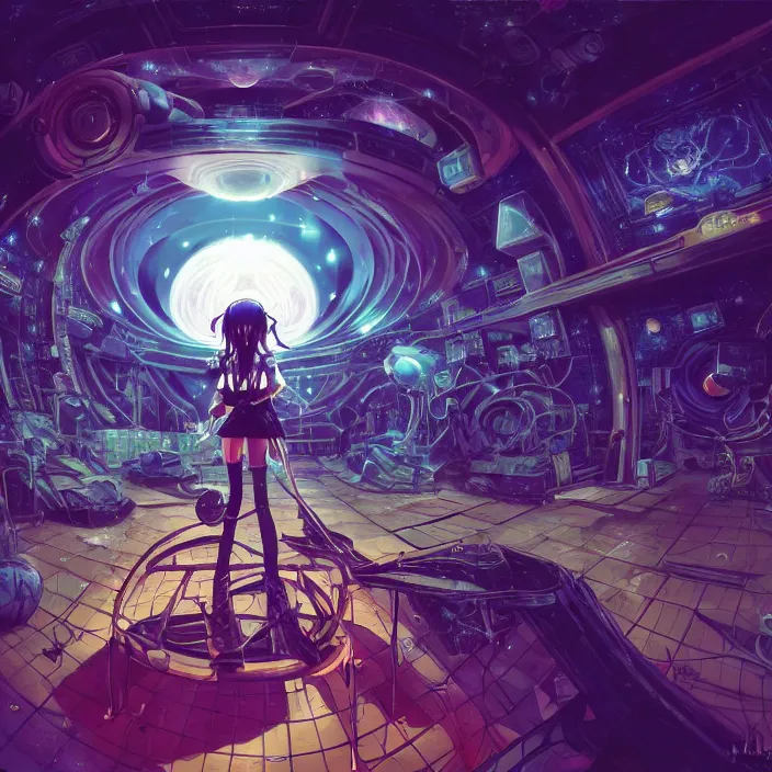 Image similar to Albedo from overlord, mamimi samejima, psychedelic background, epcot, inside a space station, eye of providence, female anime character, Lain, uwu, uwu, Luminism, Tomas Sanchez, Karla Knight, surrealism, Simon Stålenhag, M. C. Escher, Ruan Jia, uwu Hi-Fructose, Artstation, HD, HDR, High Resolution, technological rings, giygas