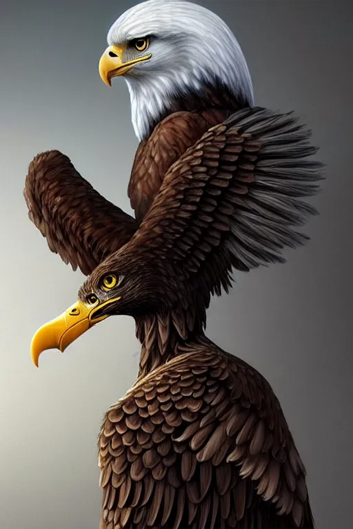 Image similar to epic professional digital art of female human - eagle hybrid animal, sitting, wearing human air force jumpsuit, humanoid feathered head, eagle beak, by lisa roet, reyna rochin, ignacio fernandez rios, leesha hannigan, wayne haag, artstation, cgsocietywlop, epic, much wow, much detail