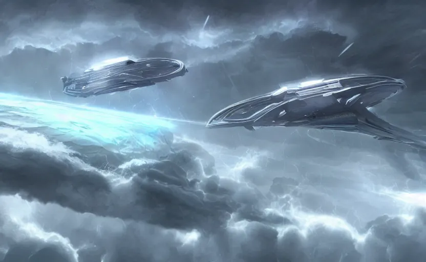 Prompt: a small, symmetrical alien ship flies above a stormy ocean, sci-fi concept art, unreal engine 3d