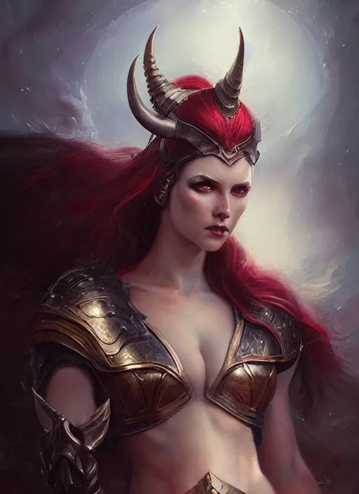 Image similar to a beautiful woman with horns and armor, painted by artgerm and tom bagshaw, fantasy art, dramatic lighting, highly detailed oil painting