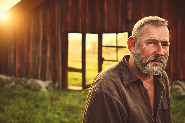 Prompt: a cinematic headshot portrait of a farmer, stood outside a wooden cabin, ultra realistic, dramatic lighting