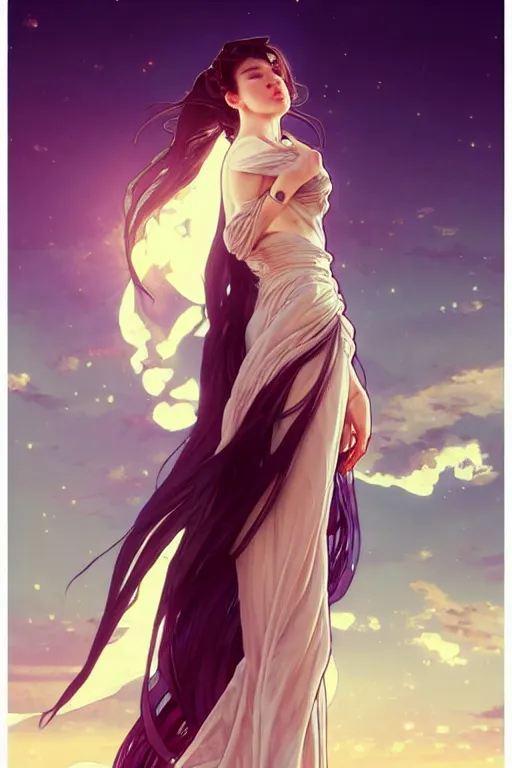 Prompt: full body falling through the sunset sky windy hair zero gravity floating seductive meditation goddess in the style of artgerm, wlop, greg rutkowski, alphonse mucha and ayami kojima, realistic details, volumetric lighting, very very very very beautiful symmetrical face, trending on artstation, artstationhd, artstationhq, unreal engine, 4 k, 8 k