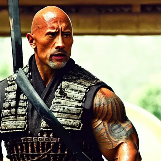 Image similar to a film still of Dwayne Johnson as samurai holding katana