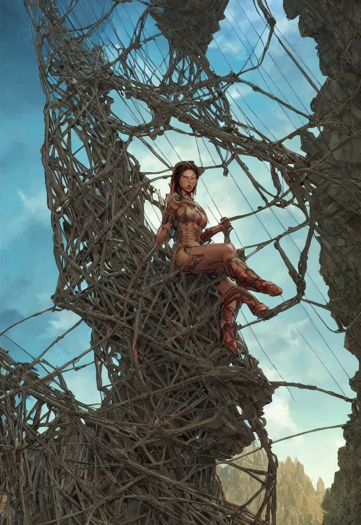 Prompt: comic book cover of android on a old rope bridge looking up at crystal temple, highly detailed, professional digital painting, Unreal Engine 5, illustration, HD quality, 8k resolution, cinema 4d, 3D, cinematic, professional photography, art by artgerm and greg rutkowski and alphonse mucha and loish and WLOP