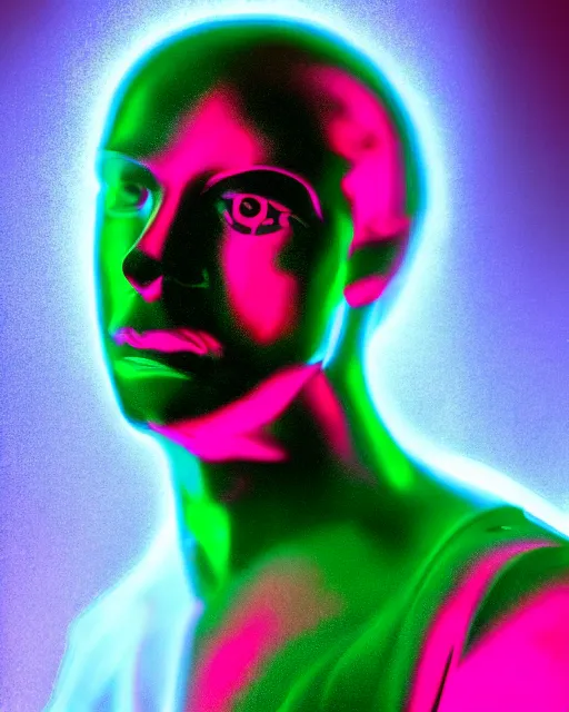 Prompt: dramatic cyberpunk portrait of a metallic marble bust, crystalline, red glow, green glow, blue glow, atmospheric haze, intense shading, optic ripple, backlit, bokeh, centered