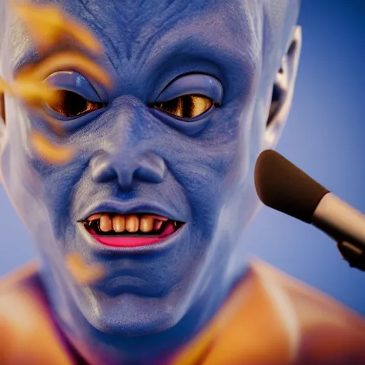 Image similar to portrait of a blue alien, singing opera, photo, 8k