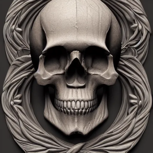 Image similar to hyper realistic photography of renaissance skull ornament relief leaves, cinematic, symmetric, artstation, cgsociety