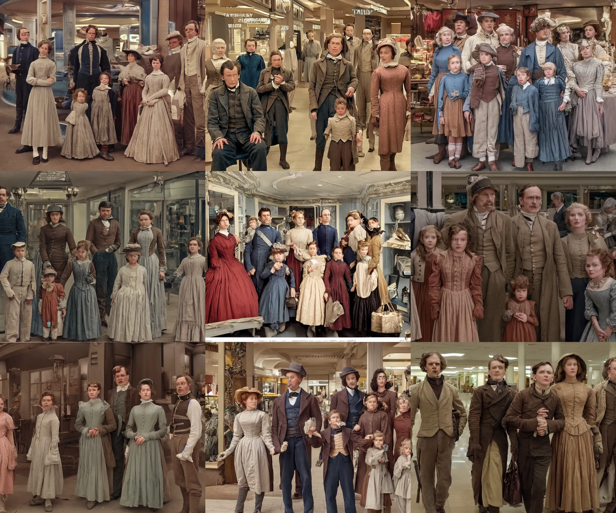 Prompt: sharp, highly detailed, 9126k film, frame scan from a sci fi blockbuster color movie made in 2019, a family of four time travelers from 1860 travel in time to 2019, appearing in a shopping mall, looking surprised, the family are all wearing 1860s era clothes, cinematic lighting, in focus, cinematic still, professional high quality scan, in focus, 70mm f/1.4L lens