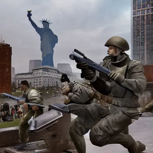 Image similar to The war between the Soviet Union and America, the action takes place in New York, far away against the background of the Statue of Liberty, a lot of soldiers and military equipment, a lot of explosions and tracer bullets, a lot of ruins, a very epic battle, The style of photography of the 80s, very detailed and detailed style