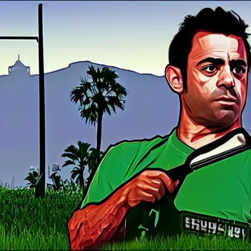 Prompt: extremely detailed xavi hernandez in gta v cover art cutting grass