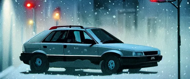 Image similar to Aqua Metallic Audi 80 RS 2 Avant (1995), black car, a gritty neo-noir, dramatic lighting, cinematic, homicide, establishing shot, extremely high detail, photorealistic, cinematic lighting, artstation, by simon stalenhag, Max Payne (PC) (2001) winter new york at night, flashing lights, Poets of the Fall - Late Goodbye