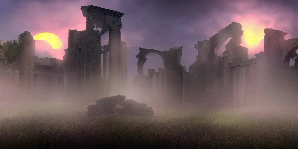 Prompt: mystical ruins, volumetric lighting, sunrise, vivid, fog, digital art