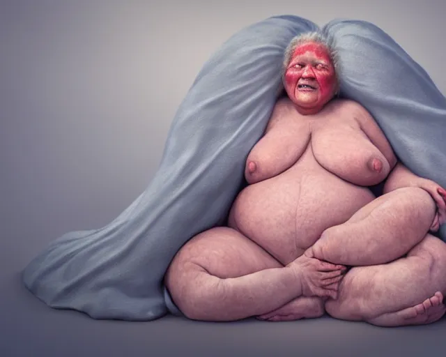 Image similar to of a very beautiful scene. ambient occlusion render. a sweet fat old woman is giving birth to her self as a baby. hyper realistic. 4 k. wide angle. wild. symmetrical face, red mouth, blue eyes. deep focus, lovely scene. ambient occlusion render. concept art. unreal engine.
