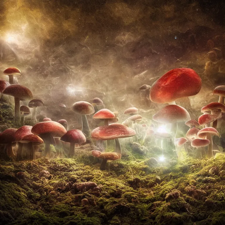 Image similar to a planet of various fungus, mushrooms and plants, inside the picture is infinity, Atmospheric phenomenon, artistic photography, muted colors, conceptual, long exposure outside the city, volumetric light