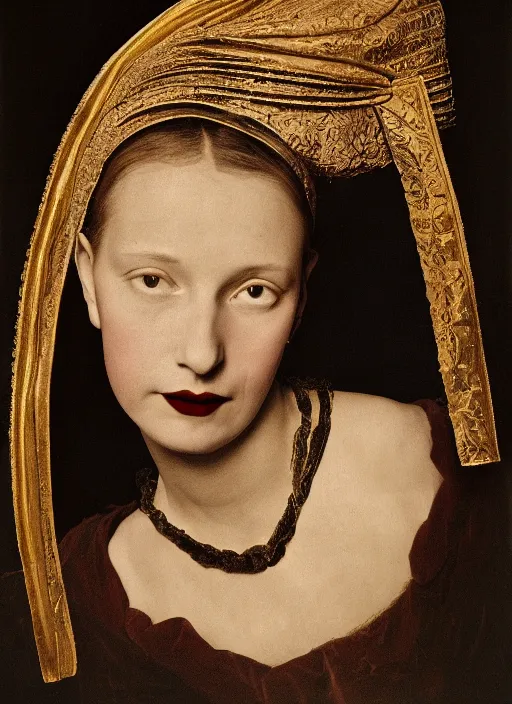 Image similar to portrait of young woman in renaissance dress and renaissance headdress, art by irving penn