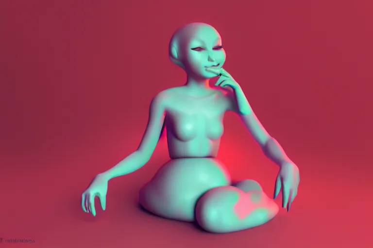 Image similar to a cute alien girl sitting on a cloud relaxing, misty, glows, blender render, hazy, foggy, red lighting, ambient lighting, 8 k,