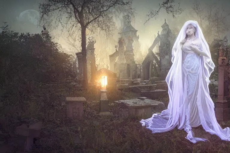 Image similar to an ultra detailed animation of a transparent ghost bride in a graveyard at midnight on halloween, digital art, dark fantasy, concept art, soulslike, by alphonse mucha, blood moon eclipse, ruined building in the background, artstation, 8 k, unreal engine render