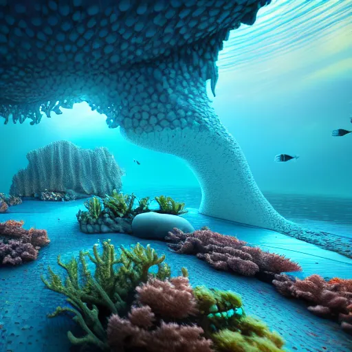 Image similar to inside a magtical underwater coral reef city, extremely detailed, 8k, HDR, award-winning, octane render, trending on artstation, volumetric lighting