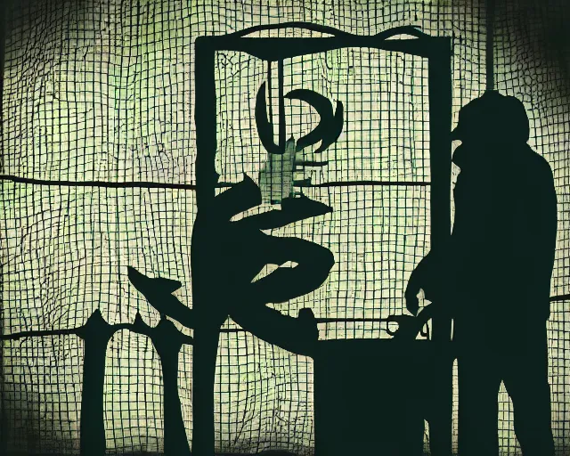 Prompt: a horrible shadow monster looming over a man trapped in a cage,