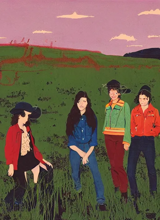Image similar to composition by justine kurland, a portrait of a group of girls dressed in colorful jackets in a scenic representation of mother nature and the meaning of life by billy childish, thick visible brush strokes, shadowy landscape painting in the background by beal gifford, vintage postcard illustration, minimalist cover art by mitchell hooks