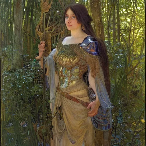 Prompt: a detailed, beautiful portrait oil painting of a girl who looks an 1 8 - year old, with a surprised expression, wearing intricate, full - plate iridescent armor in an ancient forest, by donato giancola, alphonse mucha, and john williams waterhouse