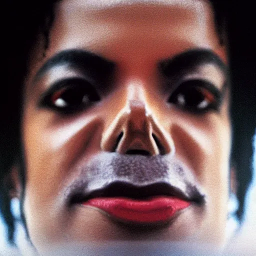 Prompt: Photograph portrait of Michael Jackson by Jonathan Mannion, close up, 40mm lens, shallow depth of field, split lighting