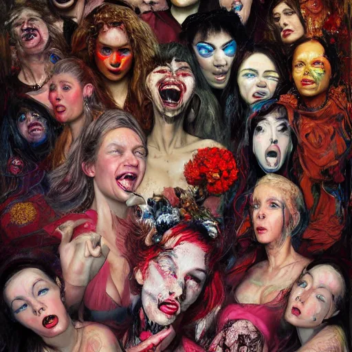Prompt: A painting of a chaotic pattern of realistic hysterical women portraits, each with a different facial expression of madness by harris nukem, ruan jia, pollock, marjorie cameron, 35mm, f2.8, nikon, expressive brush, breathtaking render, unreal engine, william Godward, cyberpunk, blessed by eris, chaos, punk, terror, insane composition