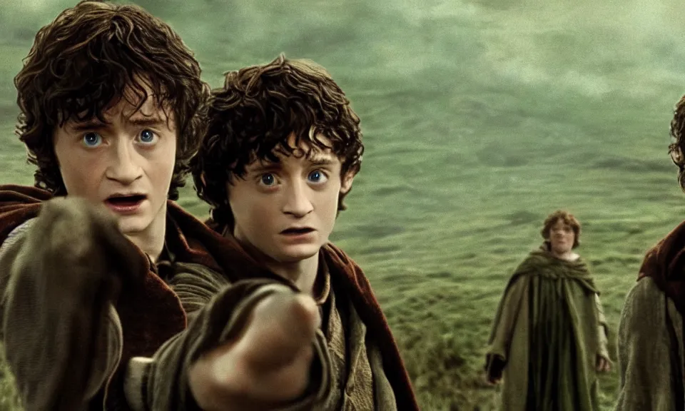 Prompt: Cinematic still of Harry Potter and Frodo in Lord of the Rings, cinematic photography, grainy