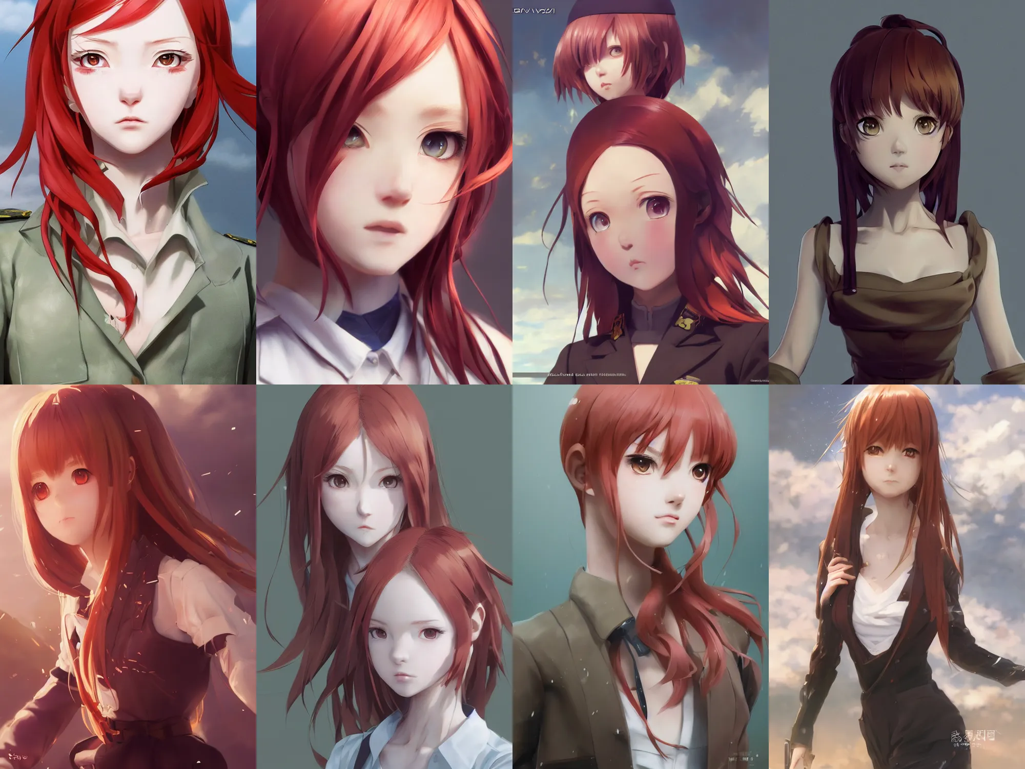 Image similar to Very complicated dynamic composition, realistic anime style at Pixiv CGSociety by WLOP, ilya kuvshinov, krenz cushart, Greg Rutkowski, trending on artstation. Zbrush sculpt colored, Octane render in Maya and Houdini VFX, close-up portrait of young redhead girl in motion, she is frightened, wearing military uniform, silky hair, stunning deep eyes. Very expressive and inspirational. Amazing textured brush strokes. Cinematic dramatic soft volumetric studio lighting