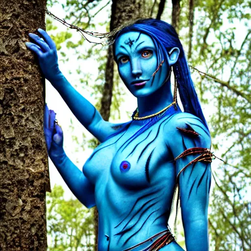 Prompt: a blue - skinned female navi from avatar wrapped in barbed wire suspended in the air between two trees, cosplay, body paint, high resolution film still, hdr color, movie by james cameron