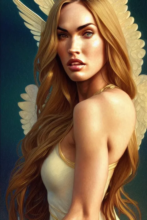 Image similar to portrait of megan fox as an blonde angel, wings, intricate, headshot, highly detailed, digital painting, artstation, concept art, sharp focus, cinematic lighting, illustration, art by artgerm and greg rutkowski, alphonse mucha, cgsociety