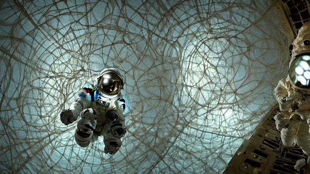 Image similar to a single astronaut eva suit covered in diamond 3d fractal lace iridescent bubble 3d skin and covered with insectoid compound eye camera lenses floats through the living room, film still from the movie directed by Denis Villeneuve with art direction by Salvador Dalí, wide lens,