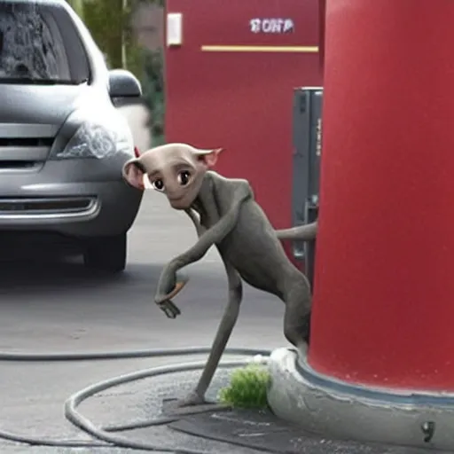 Image similar to hyperrealistic dobby siphoning gas from a car, cctv footage, real,