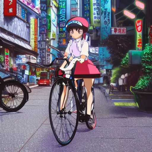 Image similar to anime girl riding bicycle in highly detailed akihabara, studio ghibli style, by hayao miyazaki, sharp focus, highly detailed, 4k