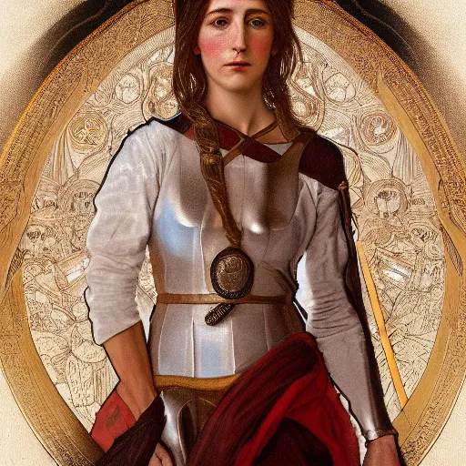 Image similar to portrait of charlotte gainsbourg as joan of arc, hyperreal digital painting, iconography influenced by alphonse mucha and eugene delacroix, arstation and deviantart trends, high resolution 8 k