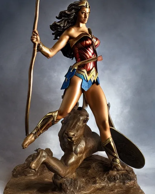 Image similar to a beautiful bronze statue of wonder woman, holding her spear and shield versus the minotaur, photorealistic, atmospheric