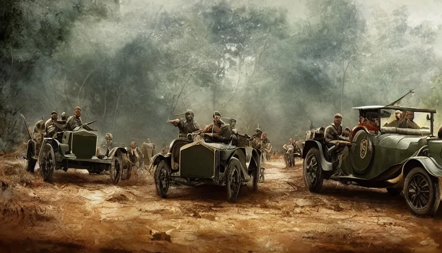 Image similar to british army driving a car in 1921 in kerala forest road, tribe members attacking, action scene, an epic fantasy, dramatic lighting, cinematic, establishing shot, extremely high detail, photorealistic, cinematic lighting, artstation, by christopher nolan, horizon forbidden west