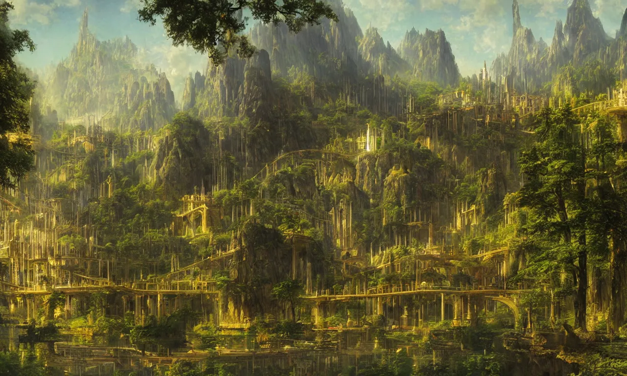 Prompt: a sprawling science fiction city inspired by rivendell, painted by bierstadt and chirico hidden in a forest