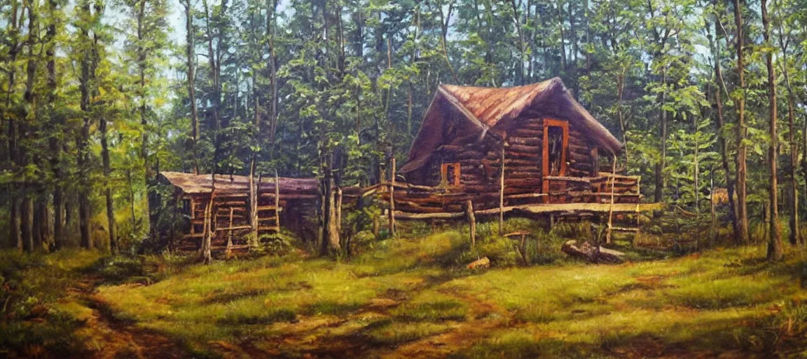 Image similar to realist painting of a log cabin in the forest, beautiful painting, oil on canvas, by Ewa Czarniecka, award winning masterpiece,