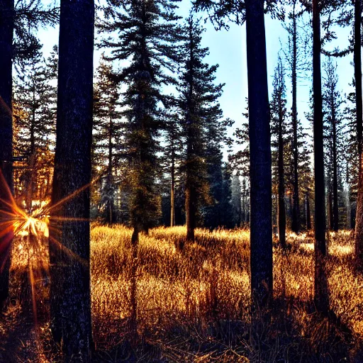 Image similar to snowflake in front of pinetree forrest, realistic, golden hour, hdr lights