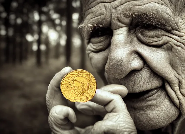 Image similar to old retro burnt out sepia photograph with scratches of an old and wrinkled man biting into a golden coin with his teeth. magical forest in the background with bokeh. Antique. High quality 8k. Intricate. Sony a7r iv 35mm. Award winning.