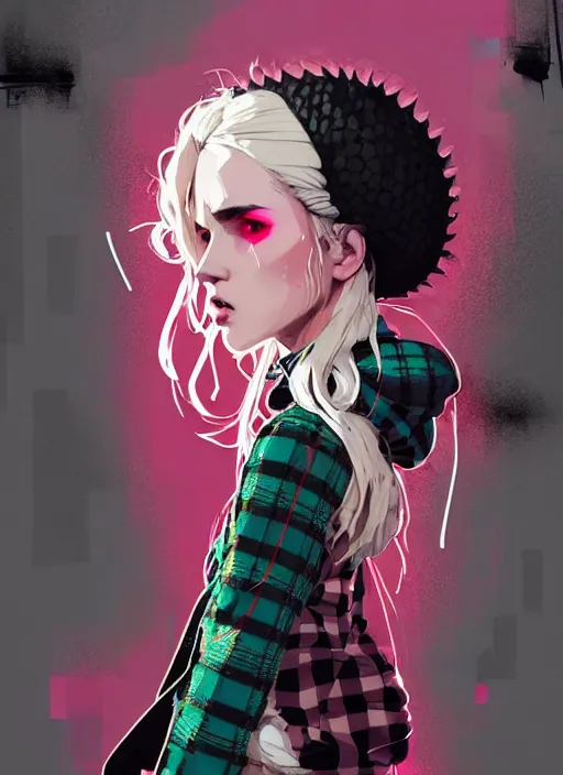 Image similar to highly detailed portrait of a sewer punk lady, tartan hoody, blonde ringlet hair by atey ghailan, by greg rutkowski, by greg tocchini, by james gilleard, by joe fenton, by kaethe butcher, gradient magenta, black, blonde cream and white color scheme, grunge aesthetic!!! ( ( graffiti tag wall background ) )