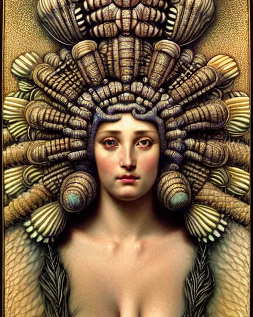 Image similar to hyperrealistic detailed face portrait of the beautiful goddess of the giant isopods with an intricate golden ornamental geometrical giant isopod headdress, art by ernst haeckel, john william godward, android jones, h. r. giger, gothic - cyberpunk, ornamental, dimmed pastel colours,